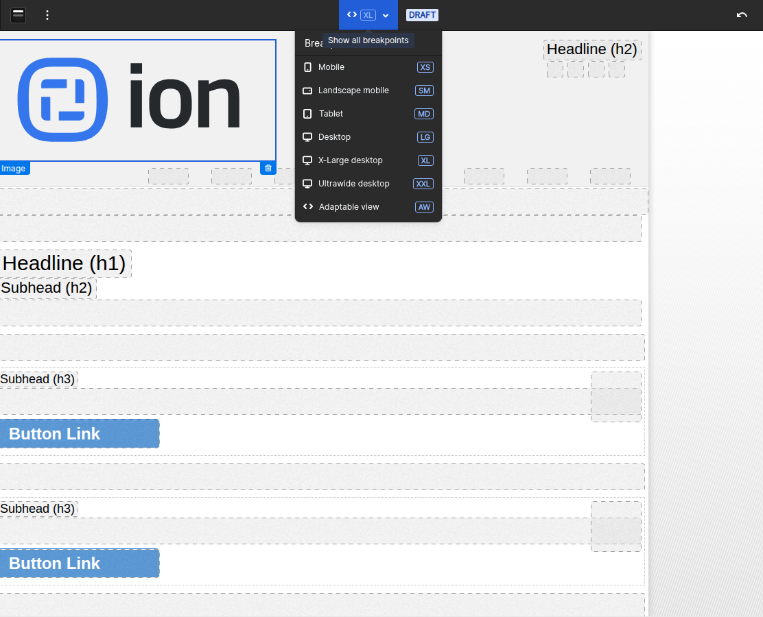 Current Creative Studio breakpoint menu with the Ion logo