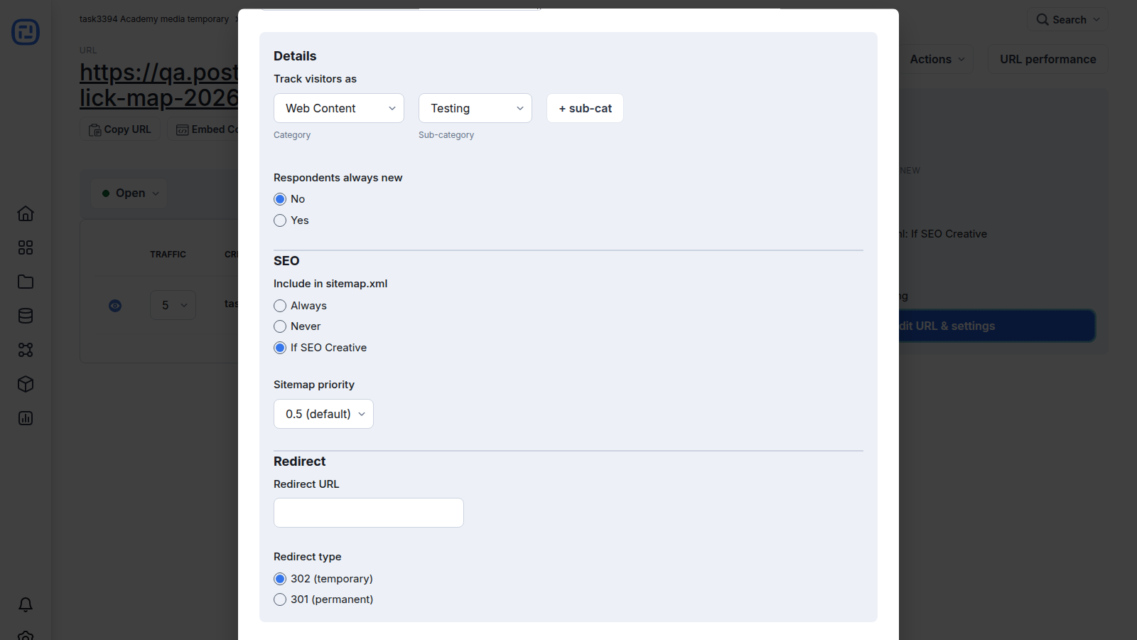 Current URL advanced settings for Respondents always new