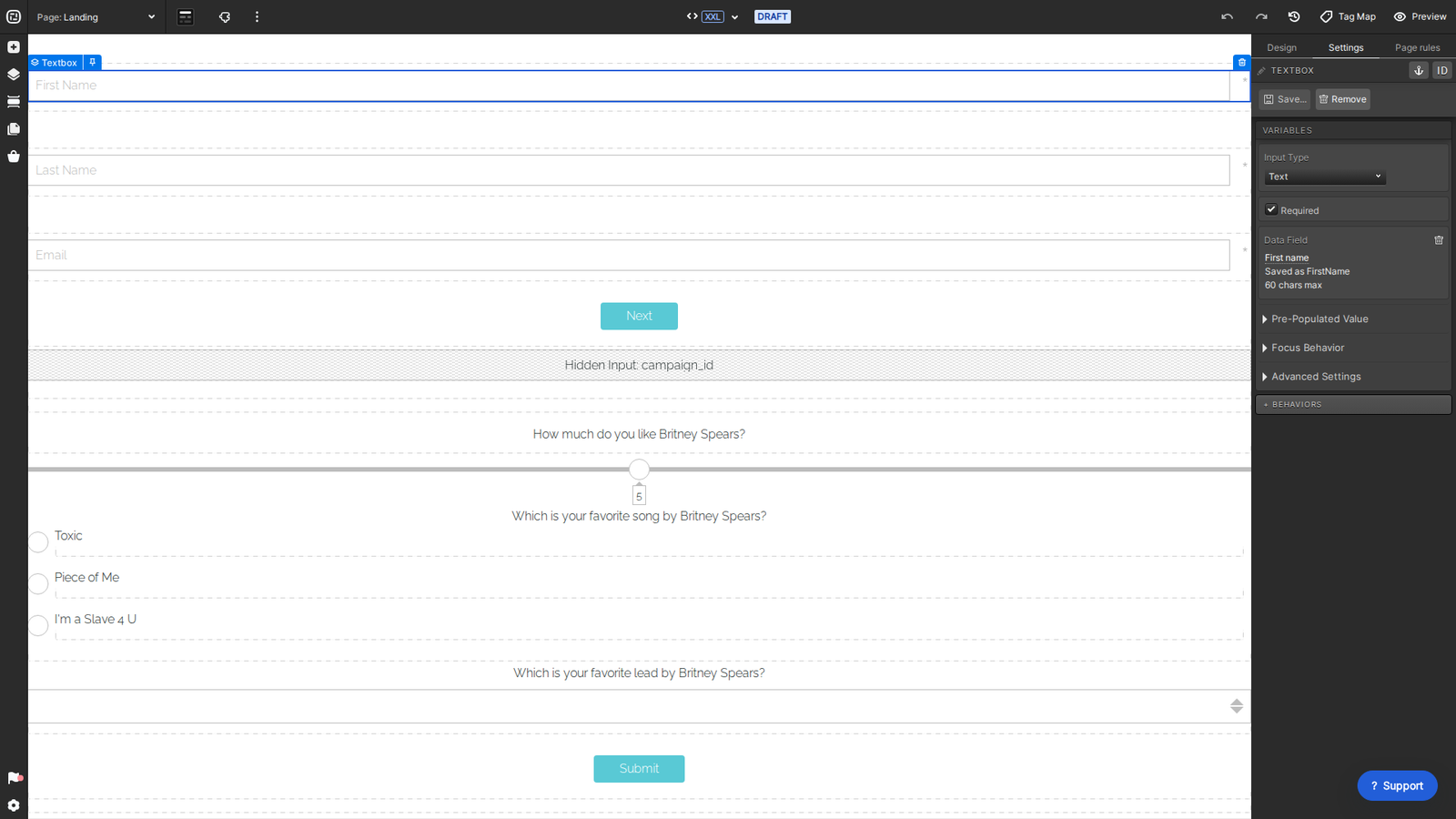 Current textbox settings