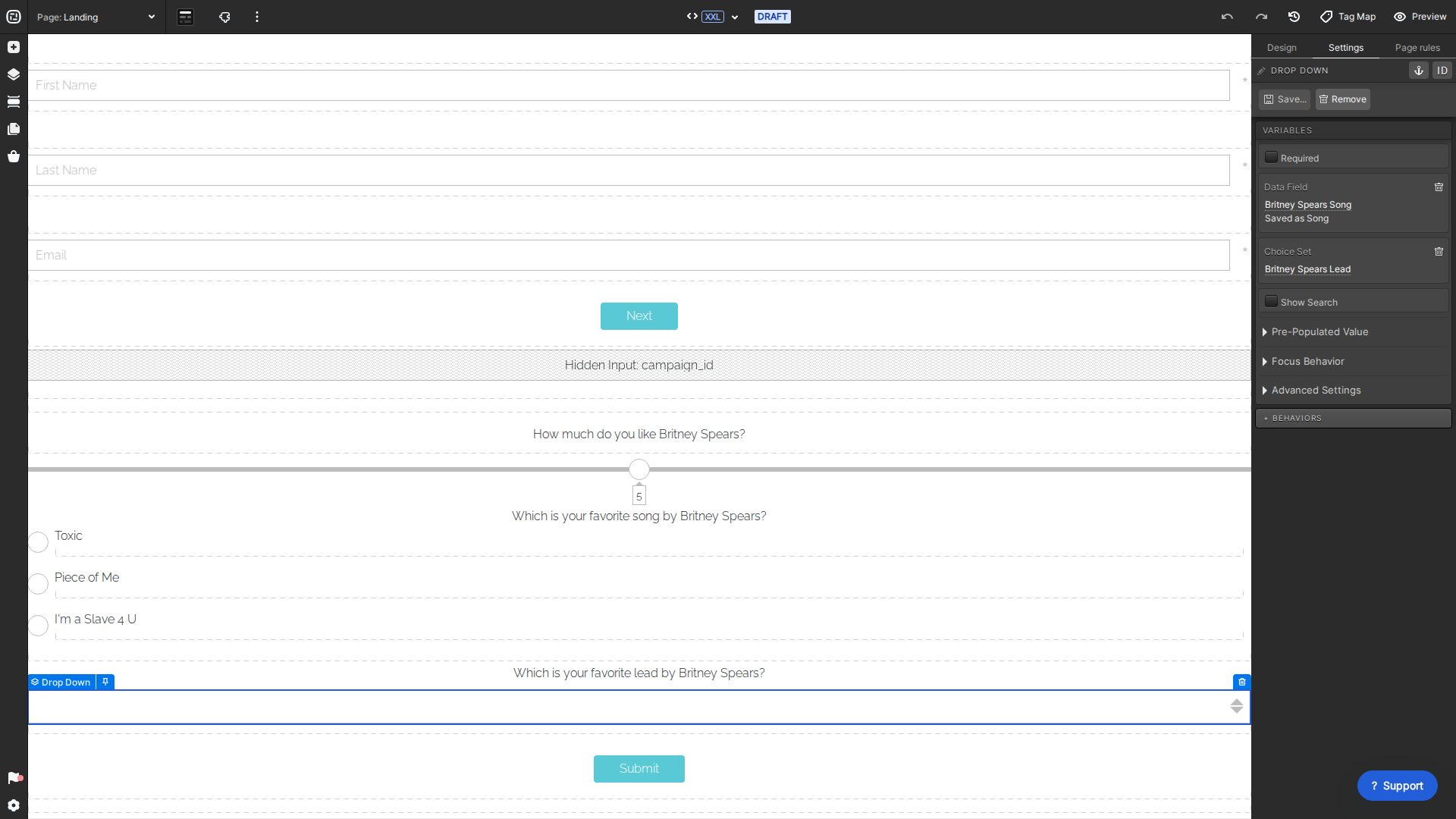 Current Drop Down settings