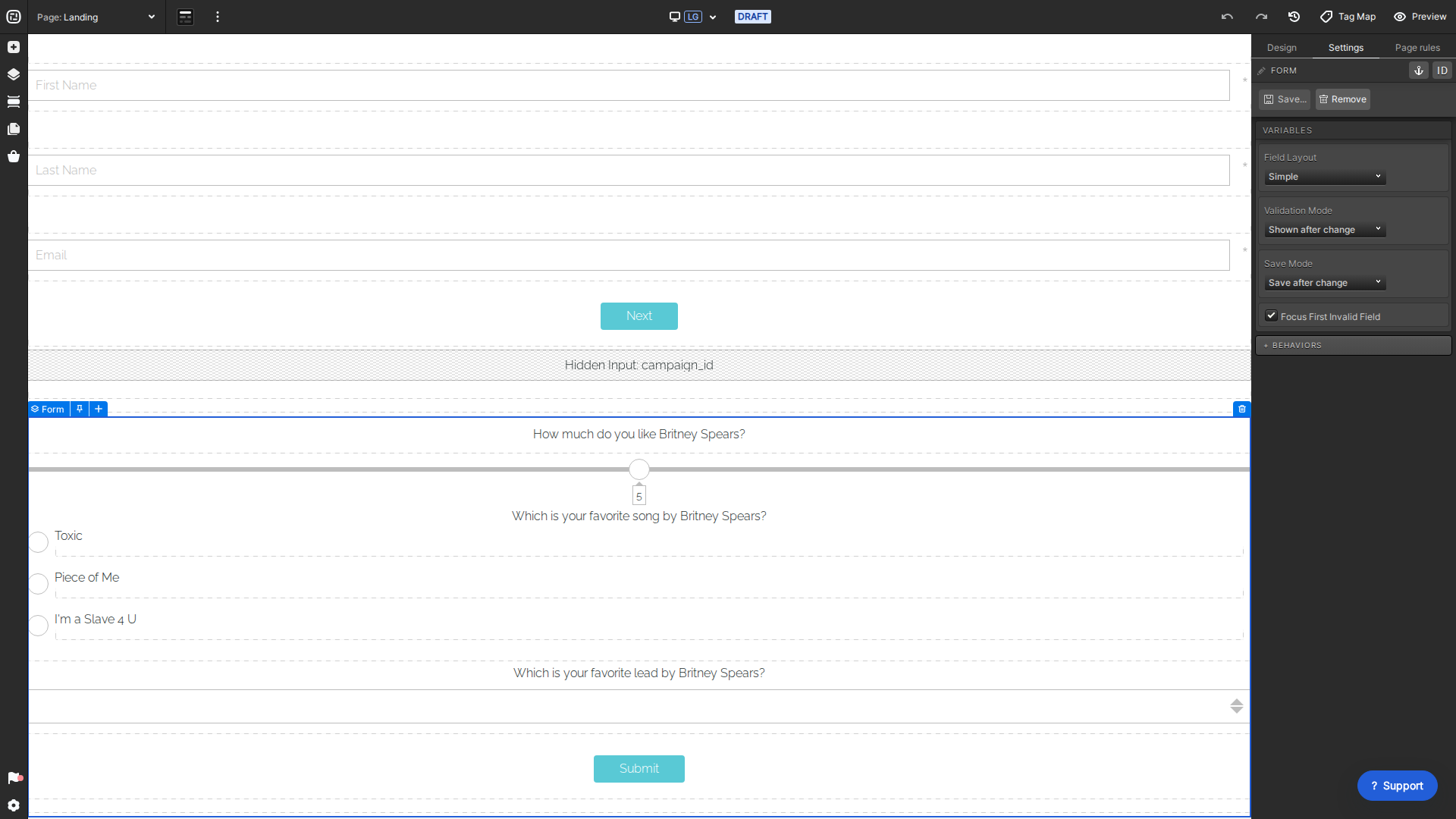 Current Freestyle Form settings