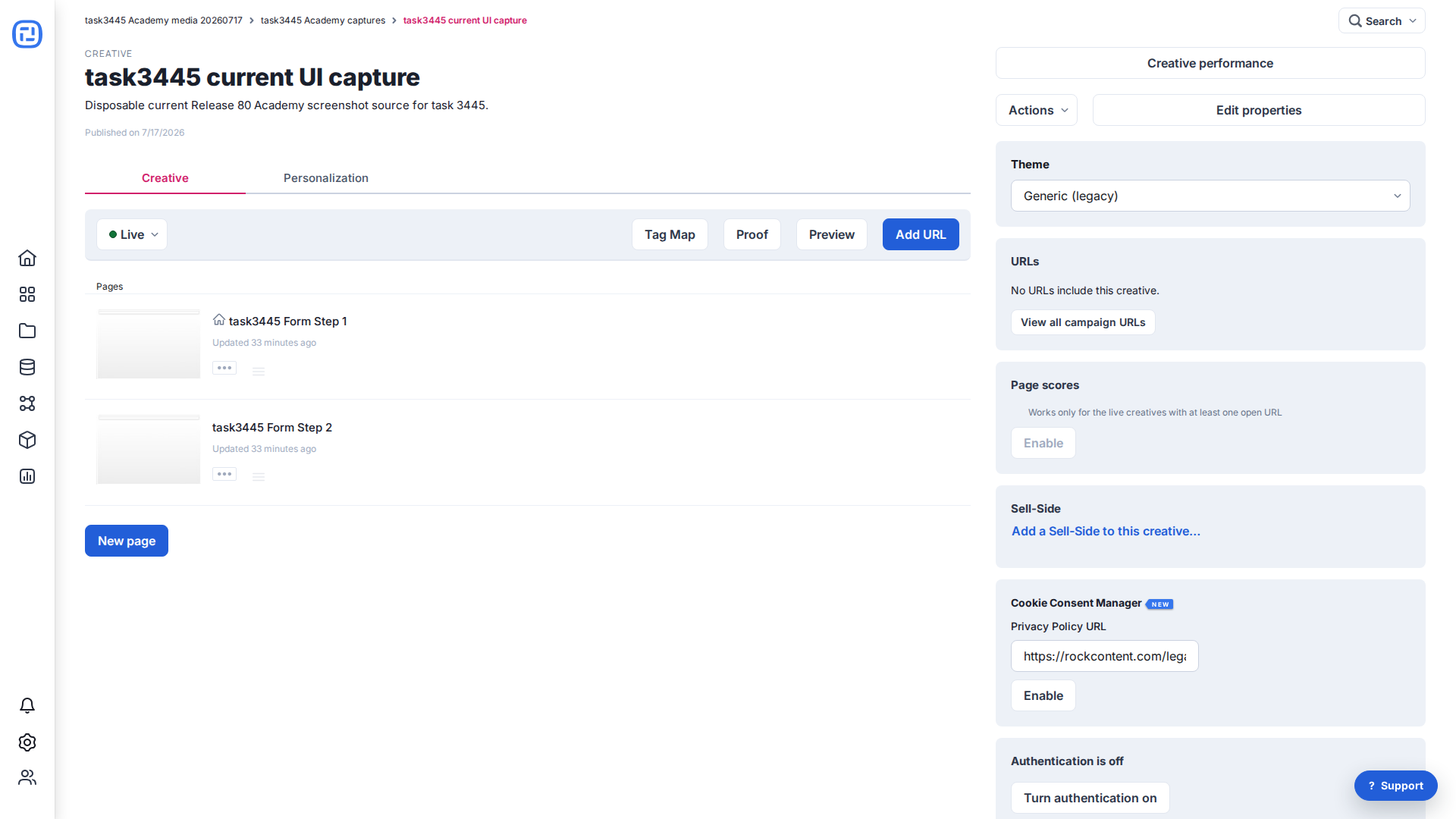Current Live creative with Add URL available