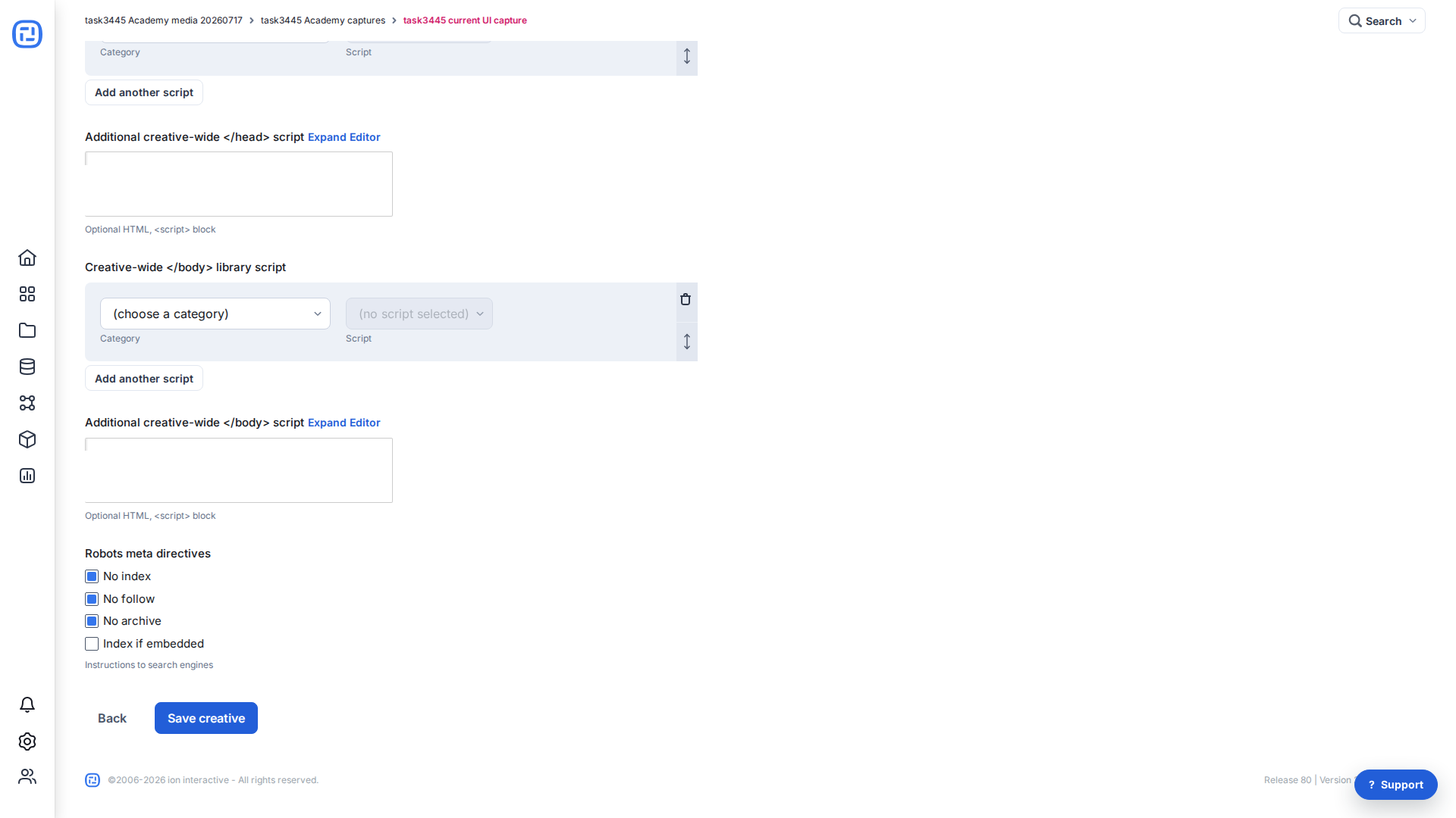 Current Robots meta directives in Edit creative
