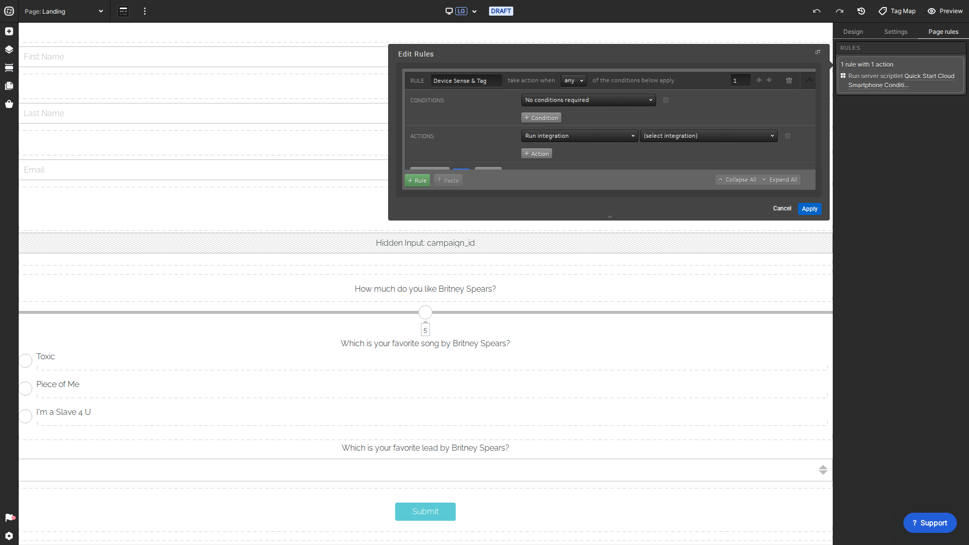 Current Run integration Page Rule action