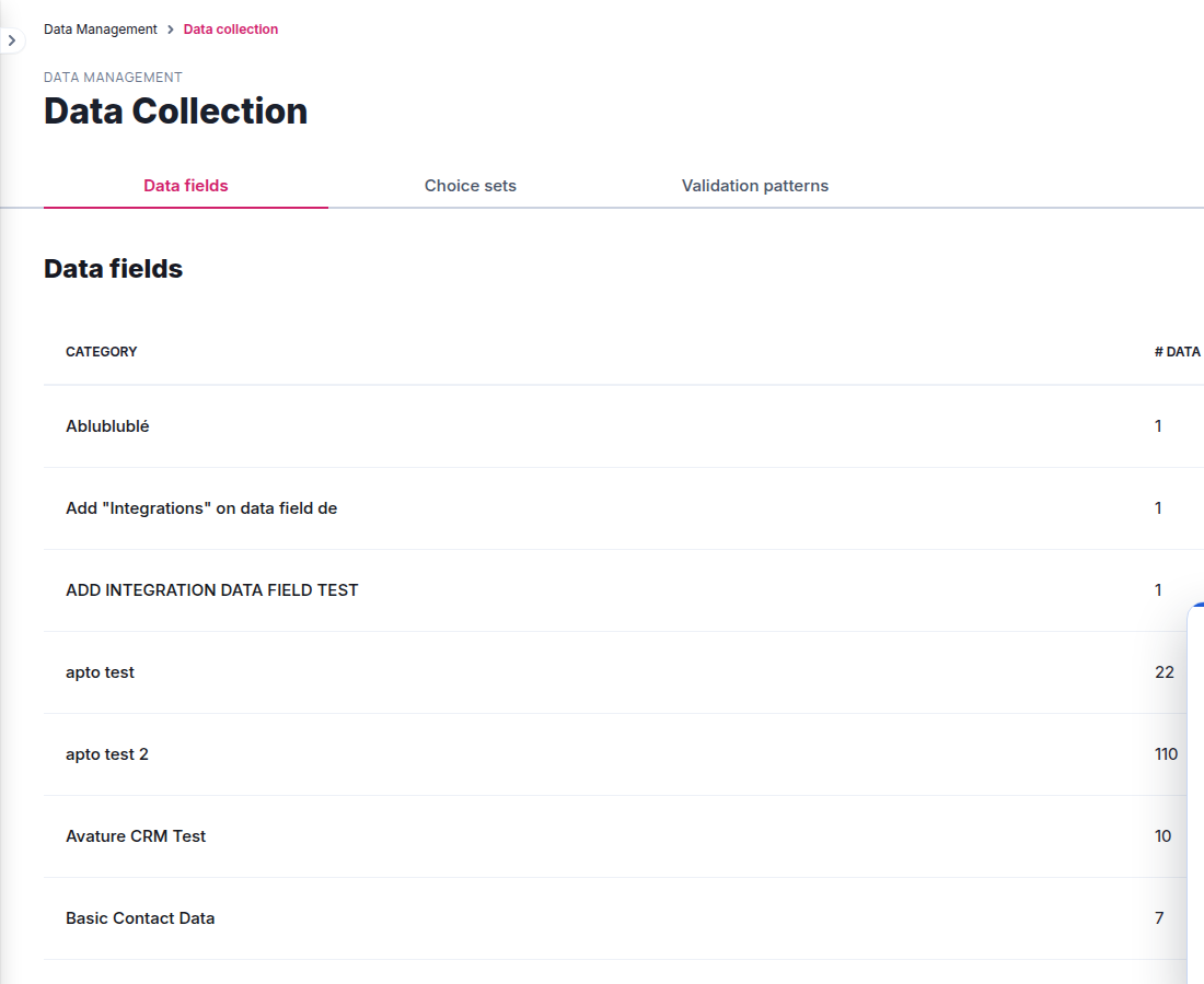 Current Data Collection page with the Data fields tab selected