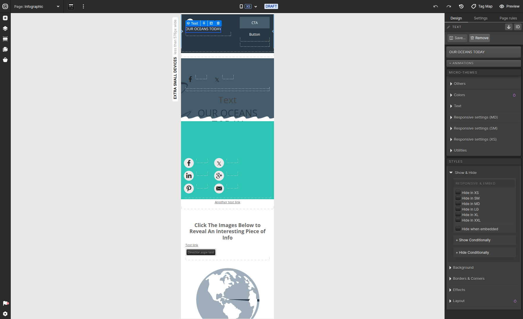 Current XS breakpoint preview with Show and Hide controls visible