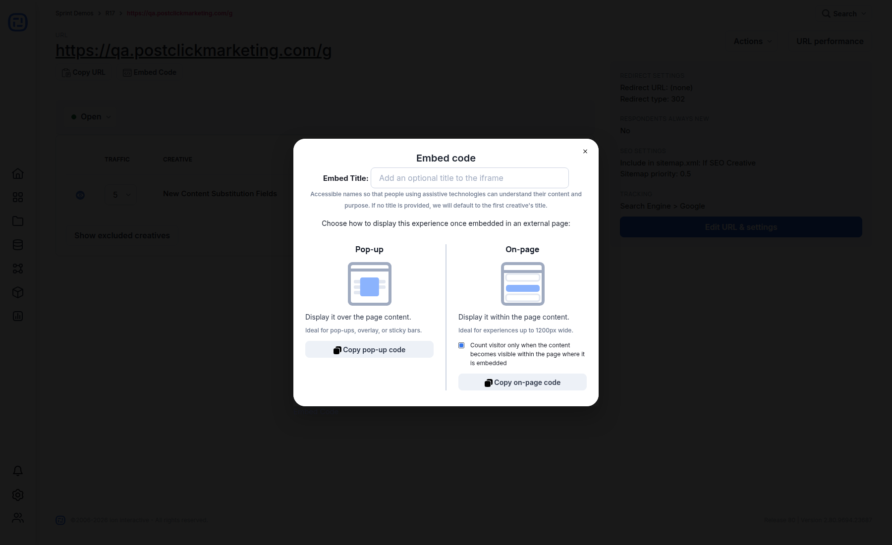 Current Ion Embed code dialog with Pop-up and On-page options