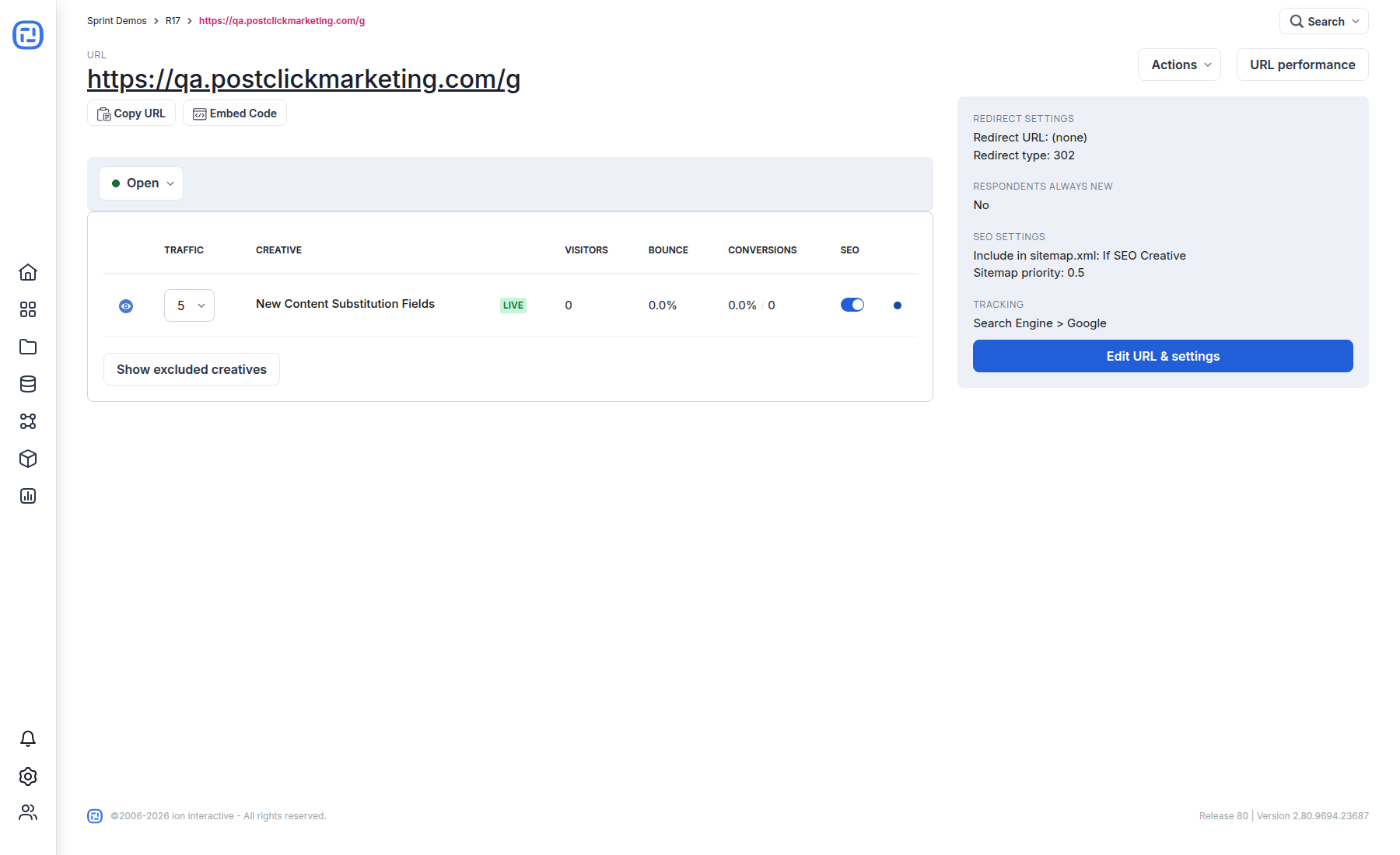 Current Ion URL page with the Embed Code button