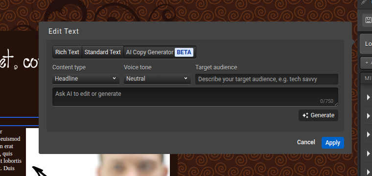 Current AI Copy Generator tab in Ion Creative Studio