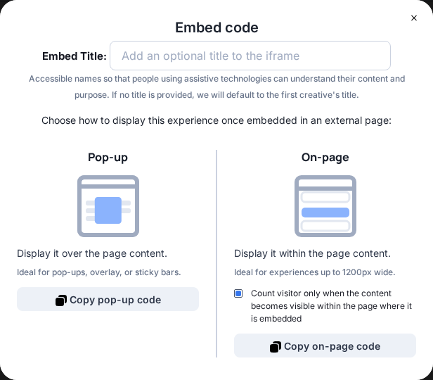 Current Ion Embed code dialog with Pop-up and On-page options