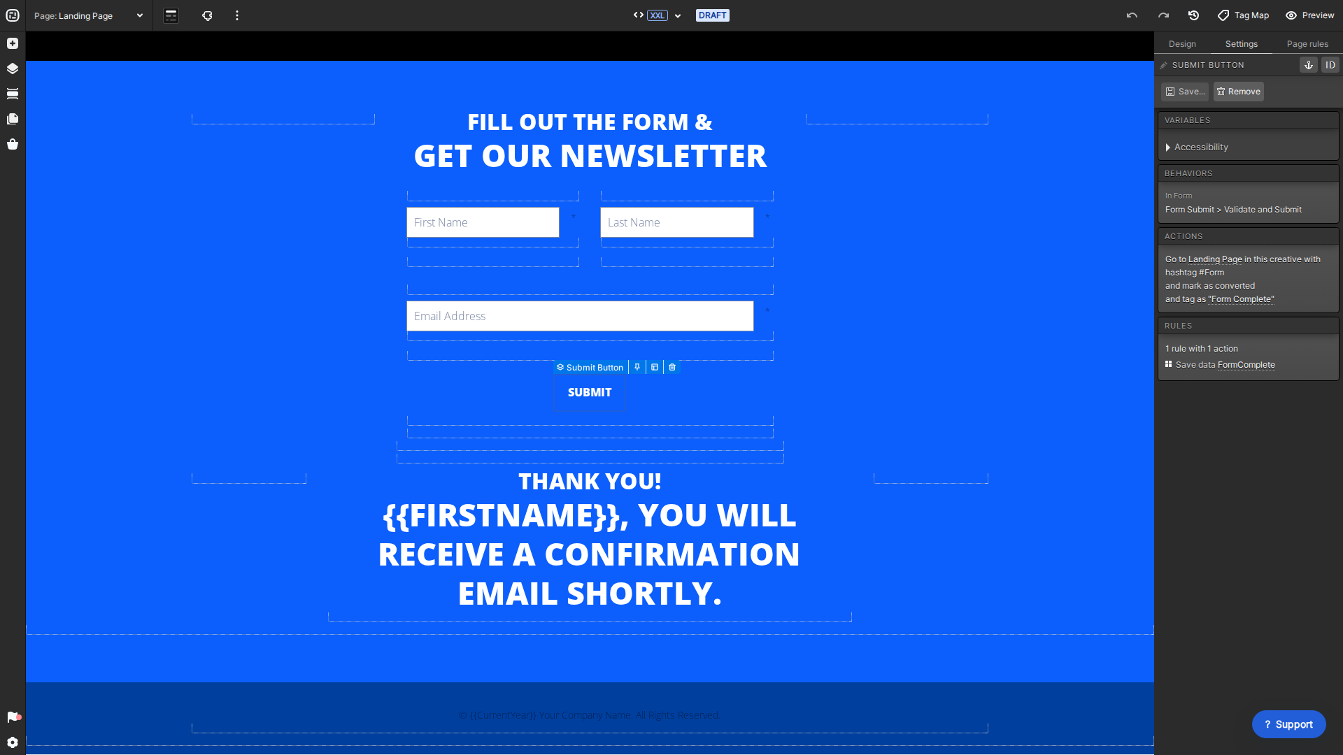 Current Creative Studio submit button settings