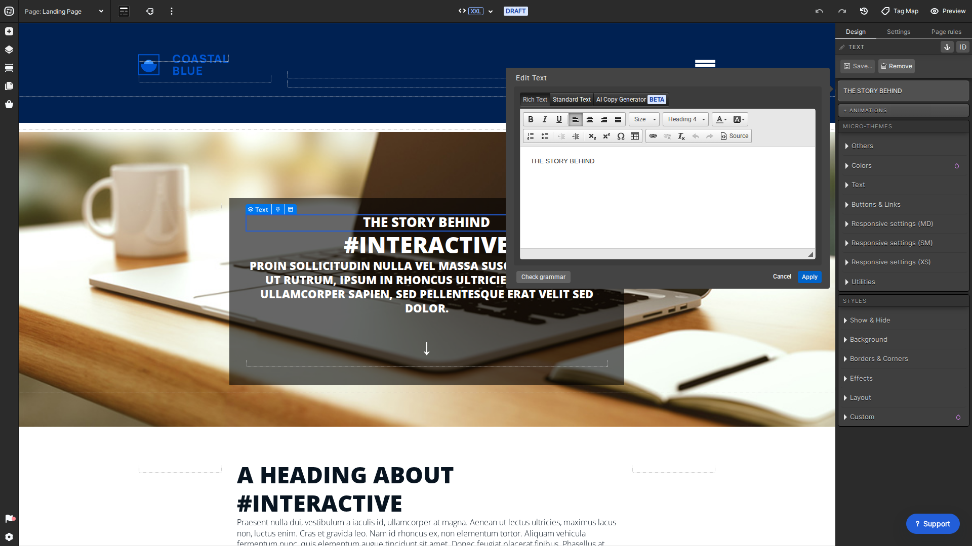 Current Creative Studio inline text editor and Link control