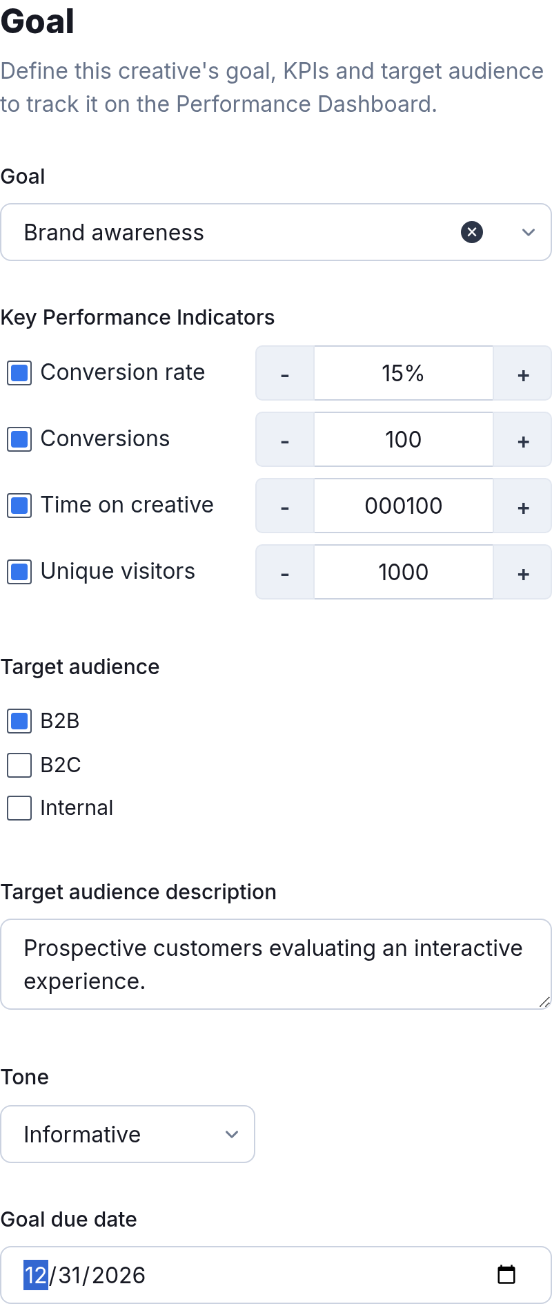 Current Creative Goals overview