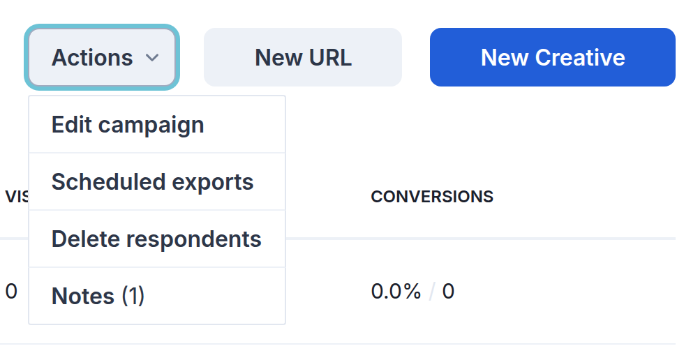 Campaign management screen with the Actions menu open showing Delete respondents