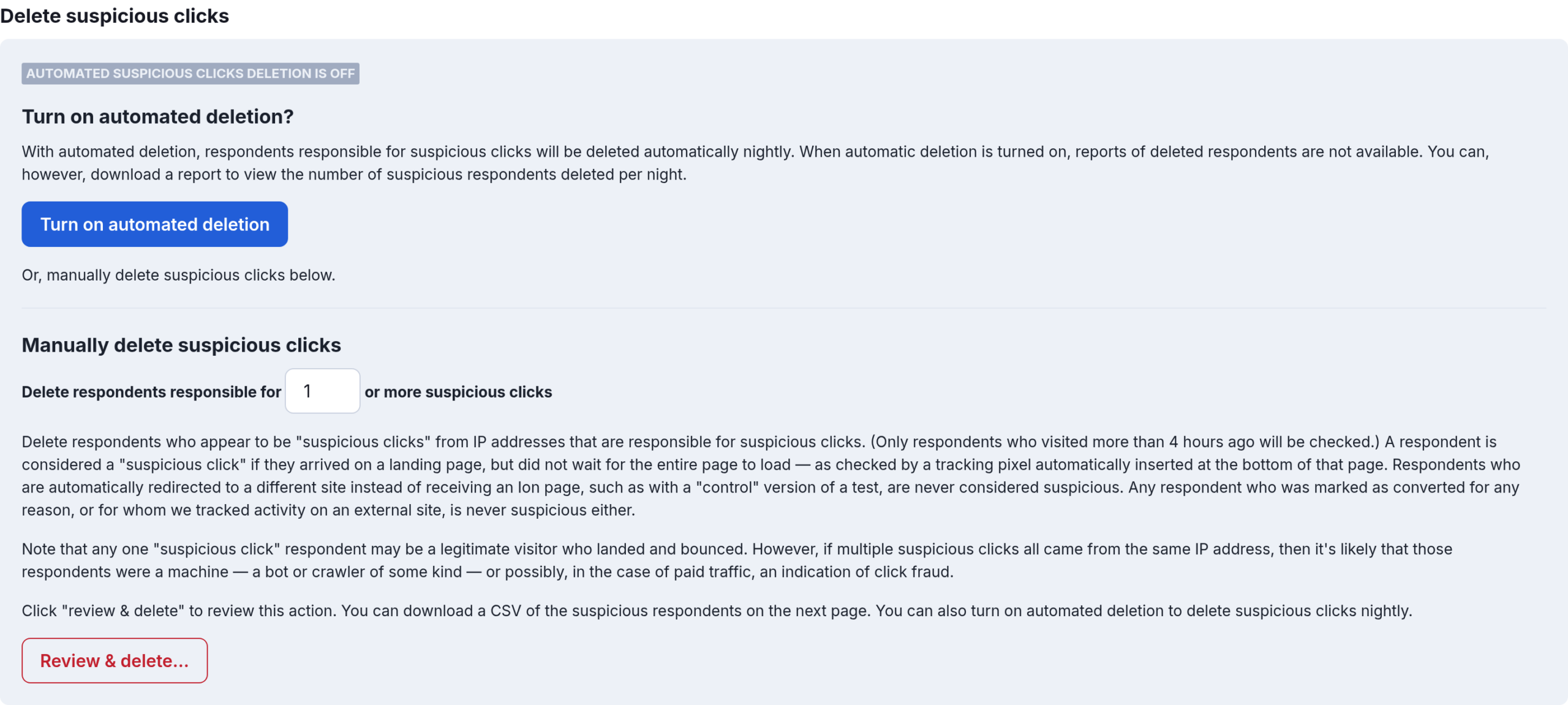 Delete suspicious clicks section of the Capacity and monthly traffic screen