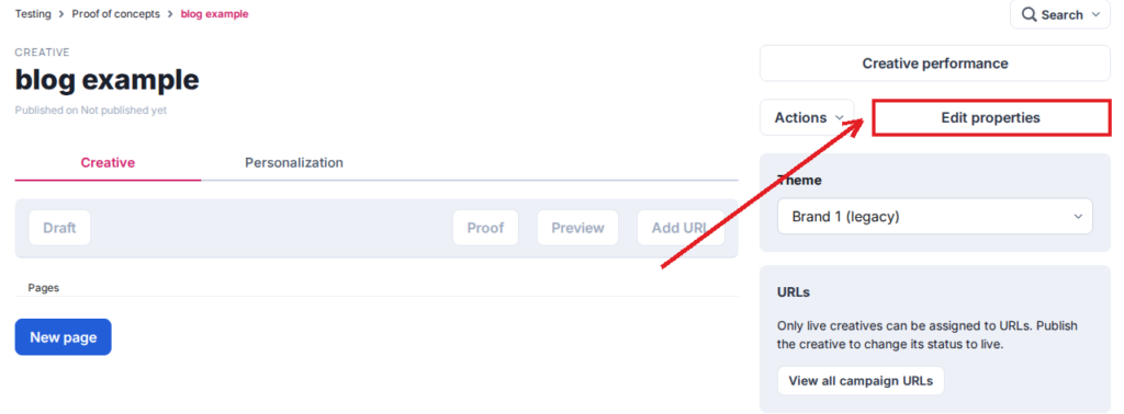 Ion creative dashboard with the Edit properties button highlighted