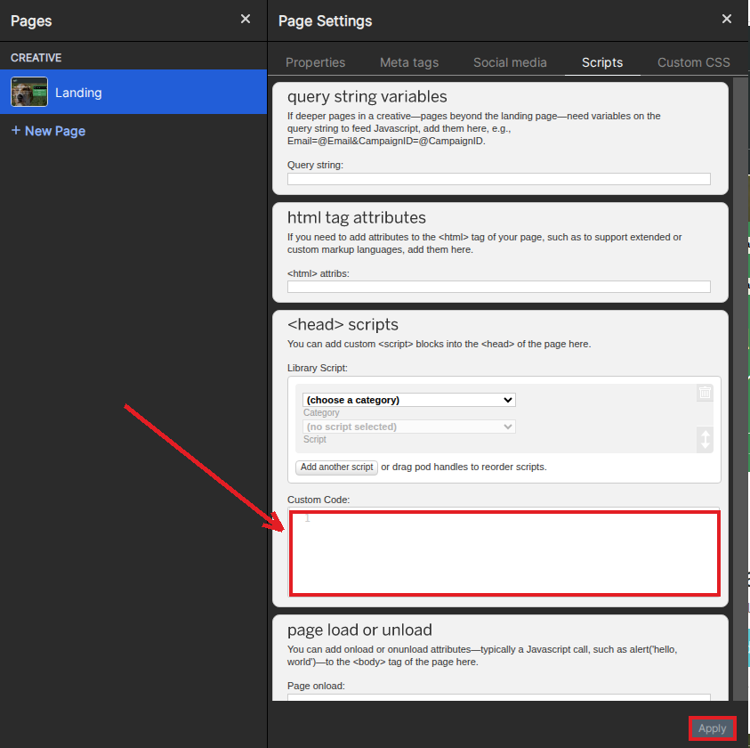 Ion page editor: Page Settings, Scripts tab, head scripts section, with the Custom Code box and the Apply button highlighted